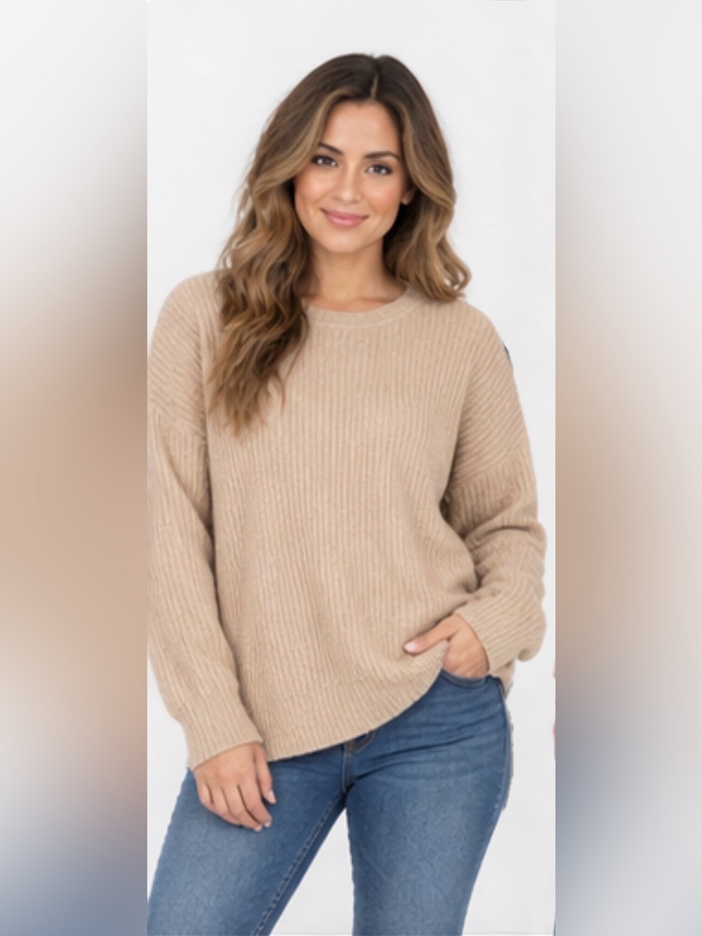 🐱  KITTENISH Cream Beige Ribbed Knit Crewneck Sweater Size L🍁